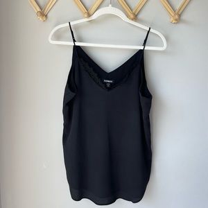 Express Black Satin Tank Top With Lace, Front & Back V-Neck, Size Medium